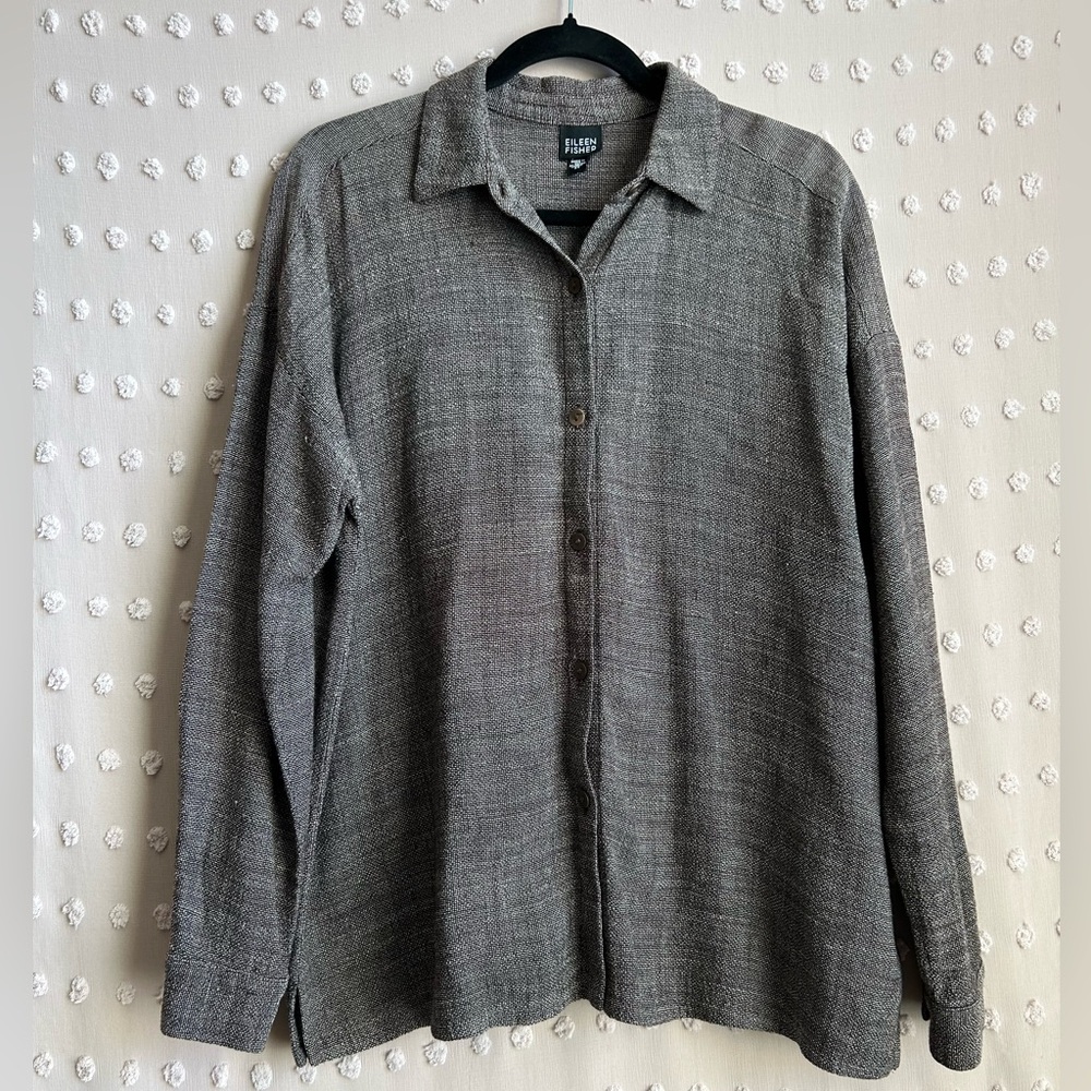 Eileen Fisher Linen Blend Oversized Long Sleeve Button‎ Up Sz XS Brown